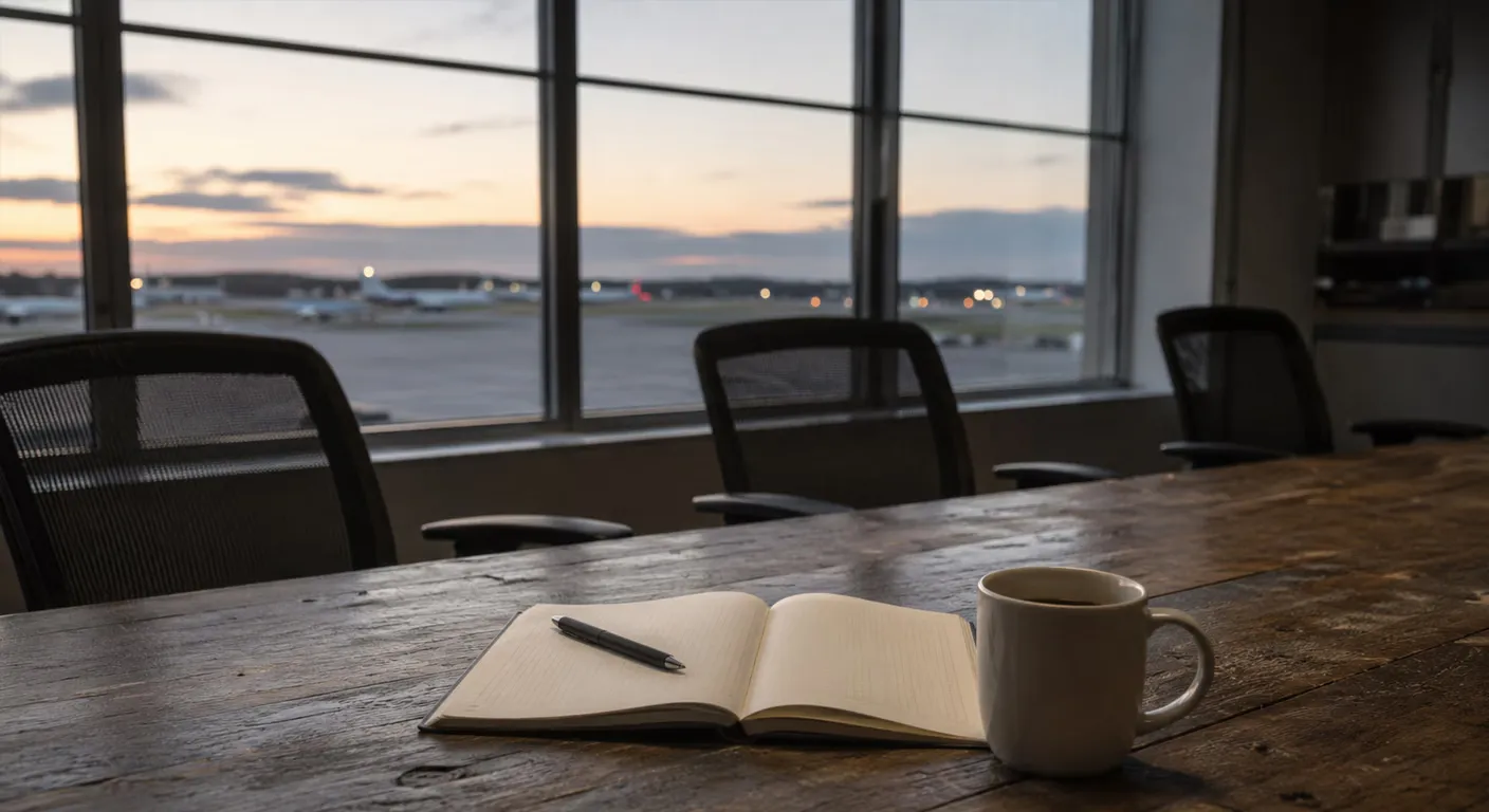 Empty Air Traffic Control Operations room conference table with an airfield visible through the window