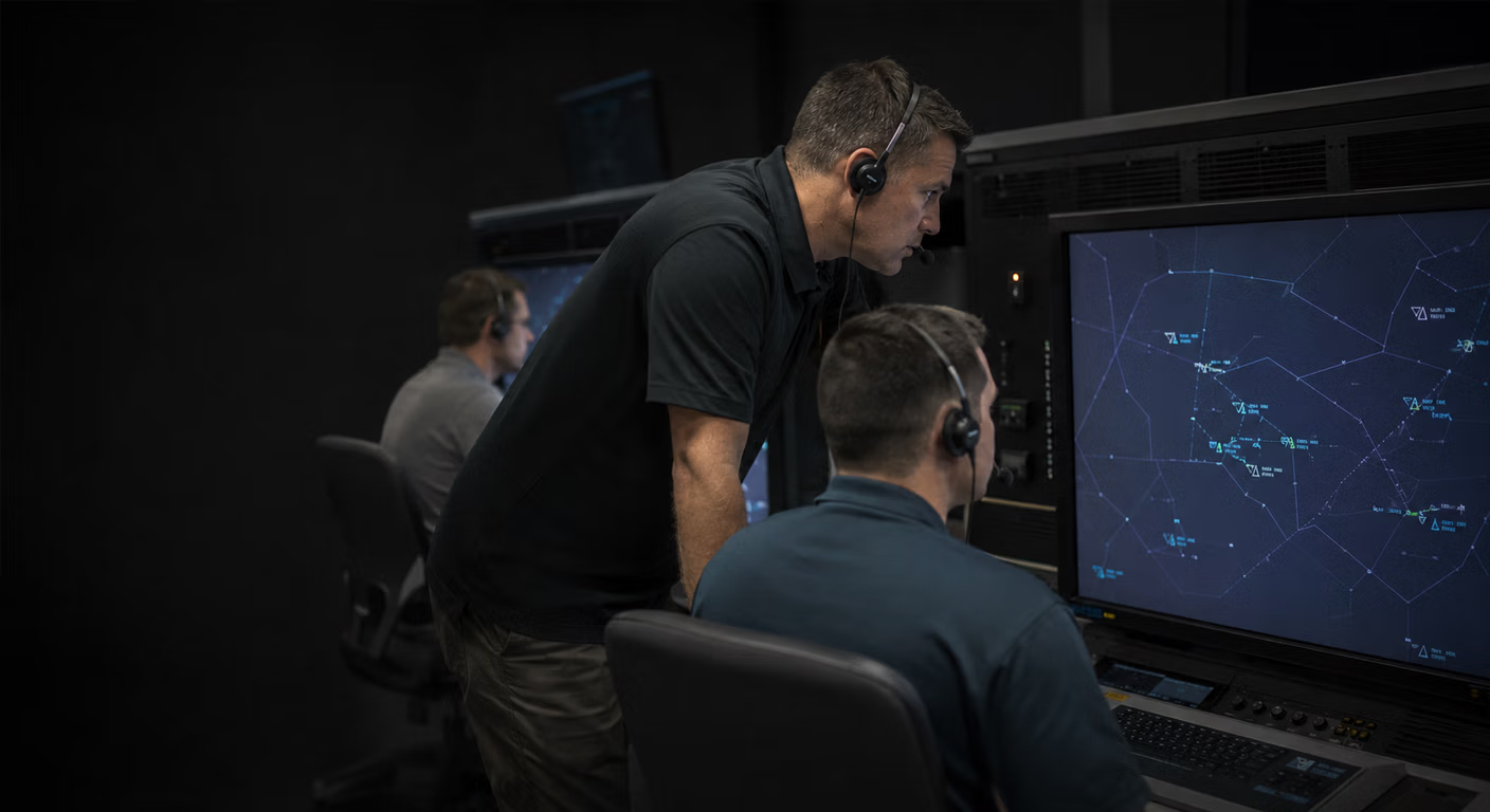 Instructor and a seated trainee in headsets study an en route radar console in a dim FAA controller training lab while a second operator works an adjacent simulation position.
