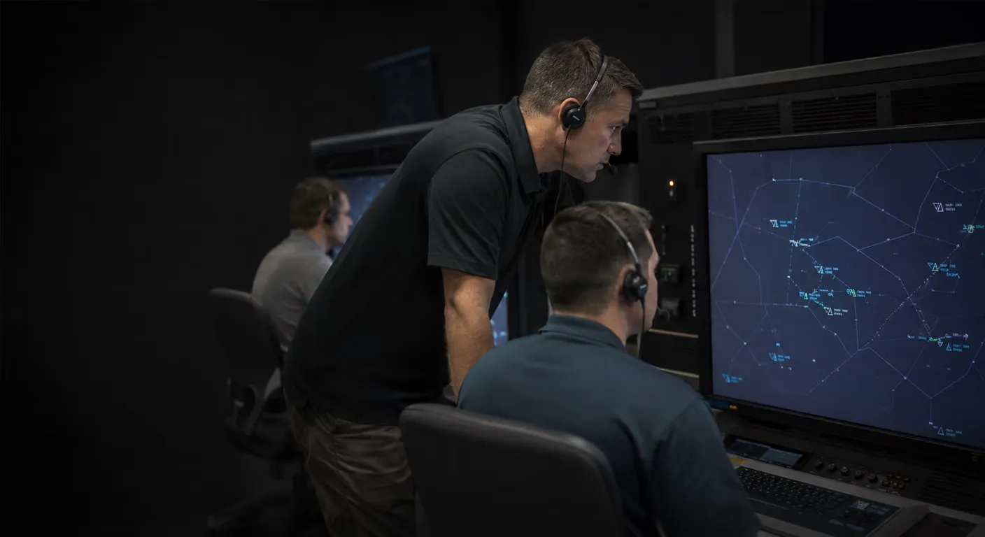 Instructor and a seated trainee in headsets study an en route radar console in a dim FAA controller training lab while a second operator works an adjacent simulation position.