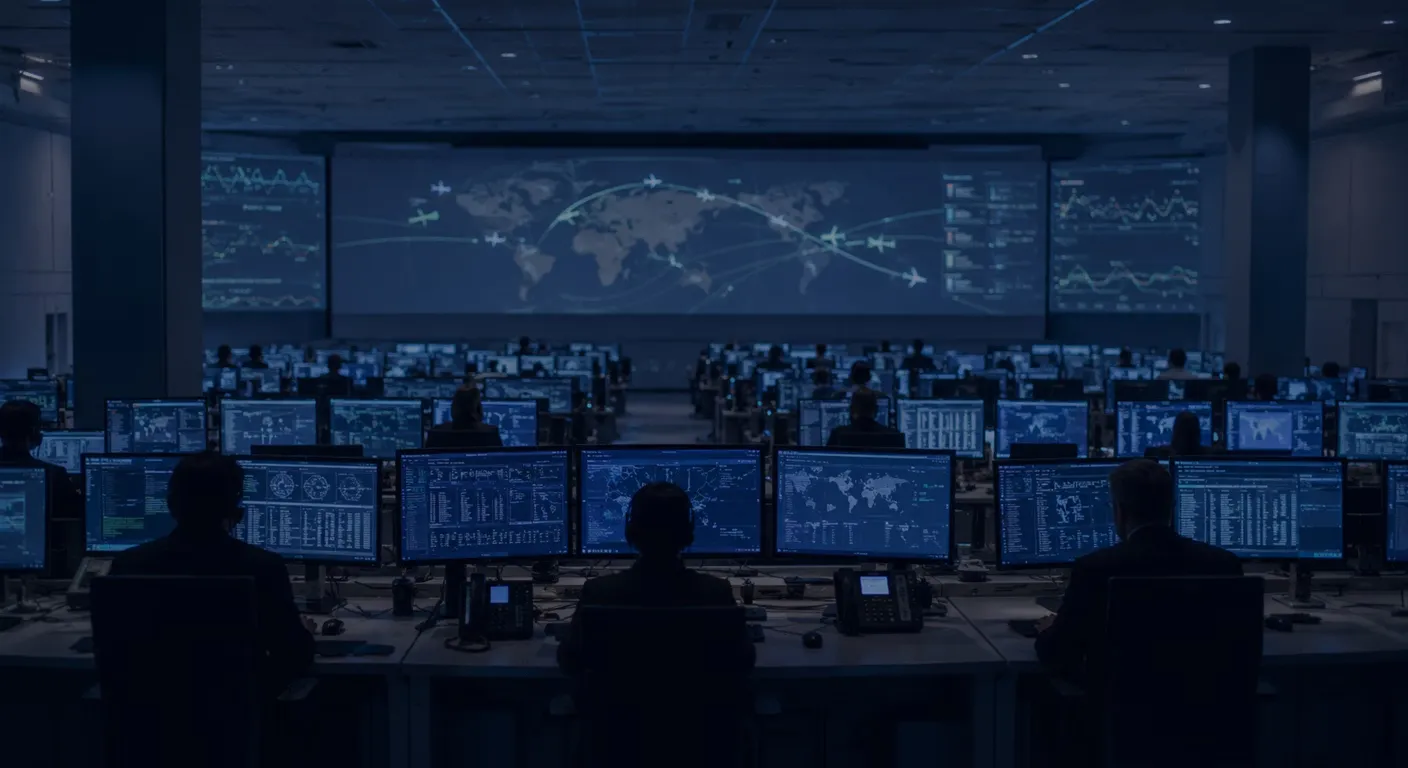 Operators at workstations on a dimly lit operations control floor, a wall display behind them showing flight paths and aircraft.