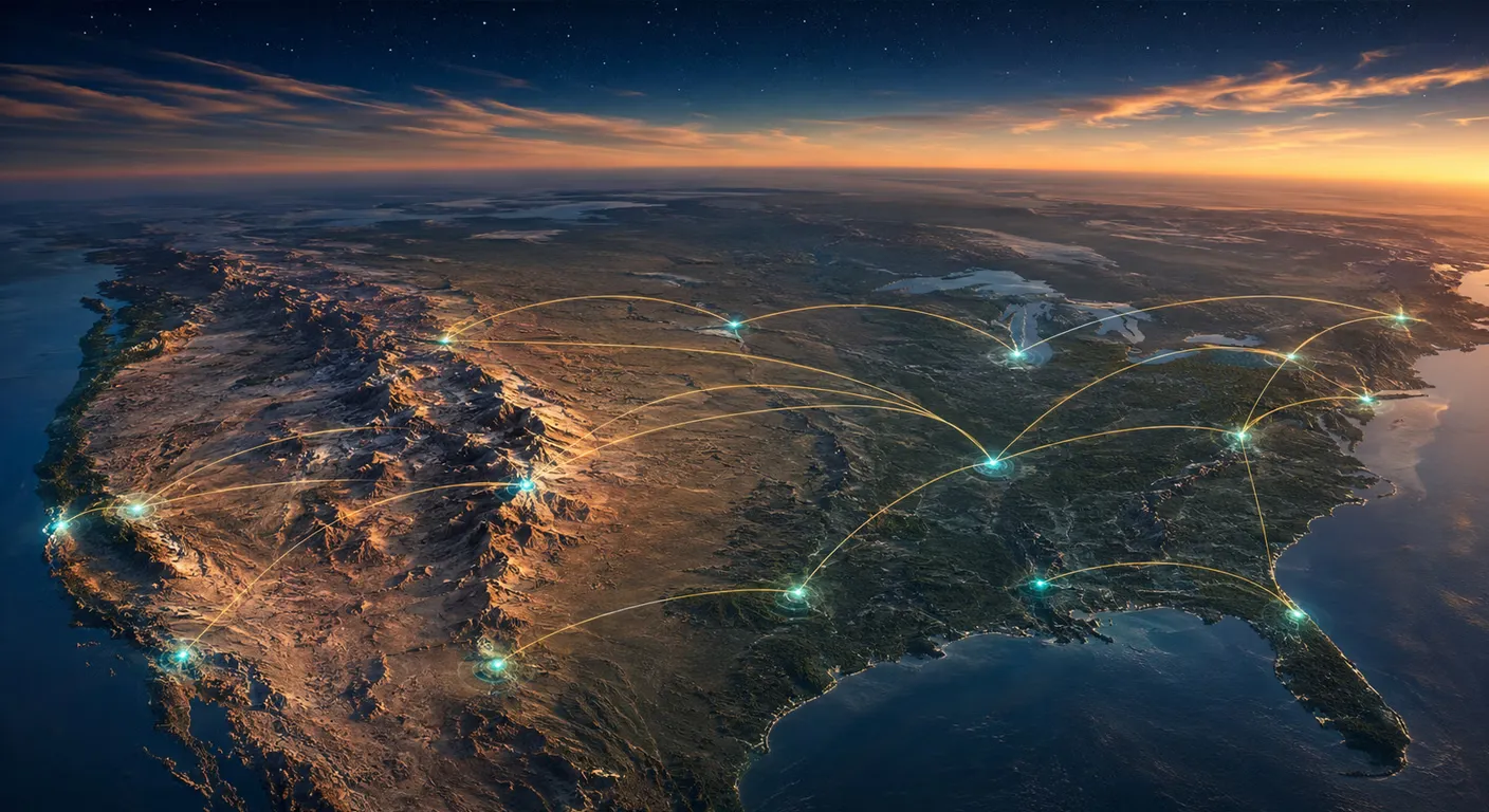 Stylized US map at dusk with gold lines connecting points nationwide, representing ClancyJG's federal contract footprint.