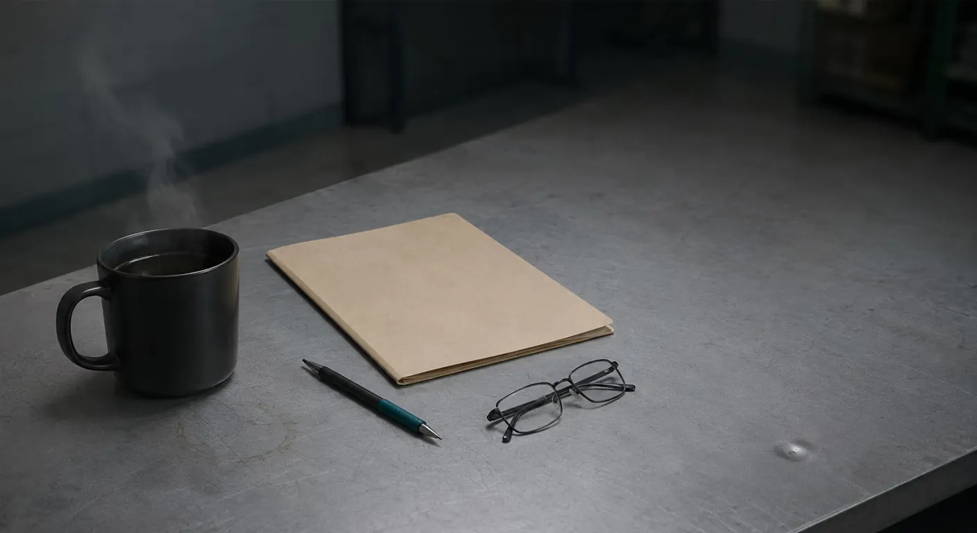 A quiet operations desk at mid-shift with a half-full coffee mug, a closed manila folder, a mechanical pencil, and reading glasses, lit by overhead fluorescent light.