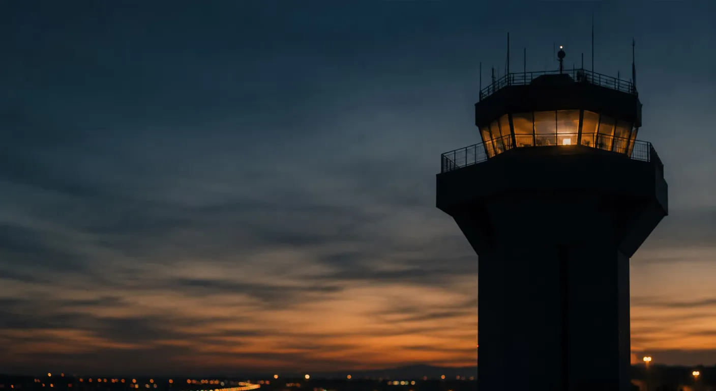 An Air Traffic Control tower silhouette at dusk, lit cab glowing against a deep blue and amber sky.