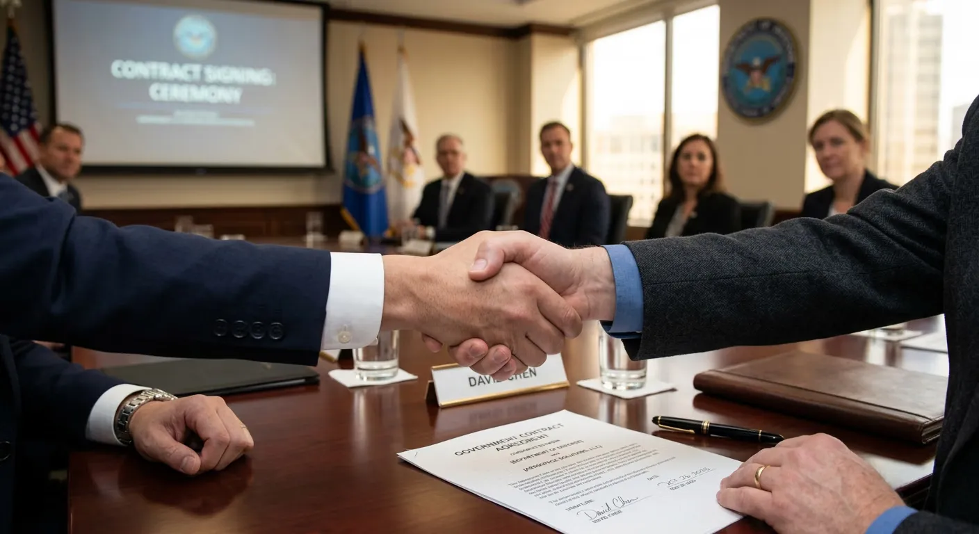 Federal contract signing ceremony with a handshake between two representatives.