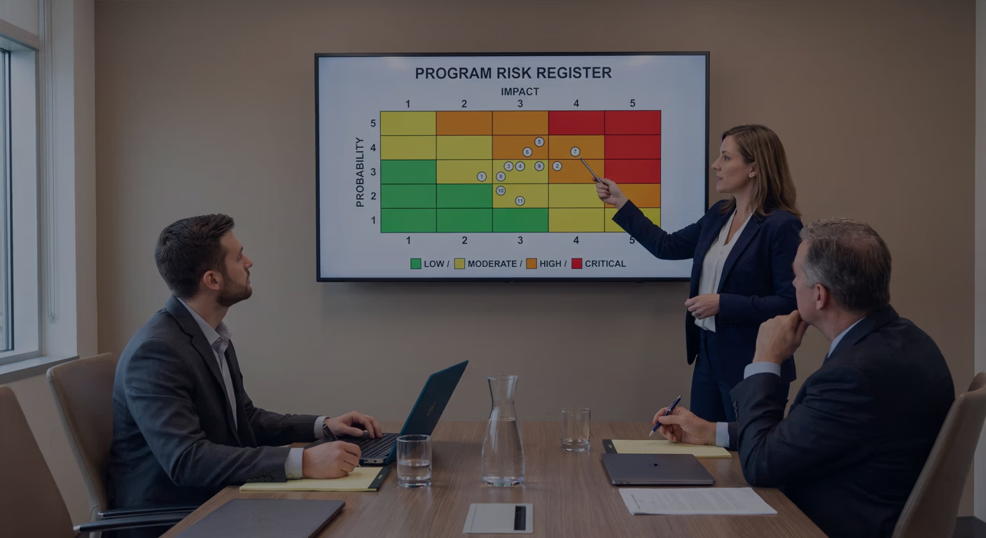Program manager briefing a risk register on a probability-and-impact heat map to two team members.