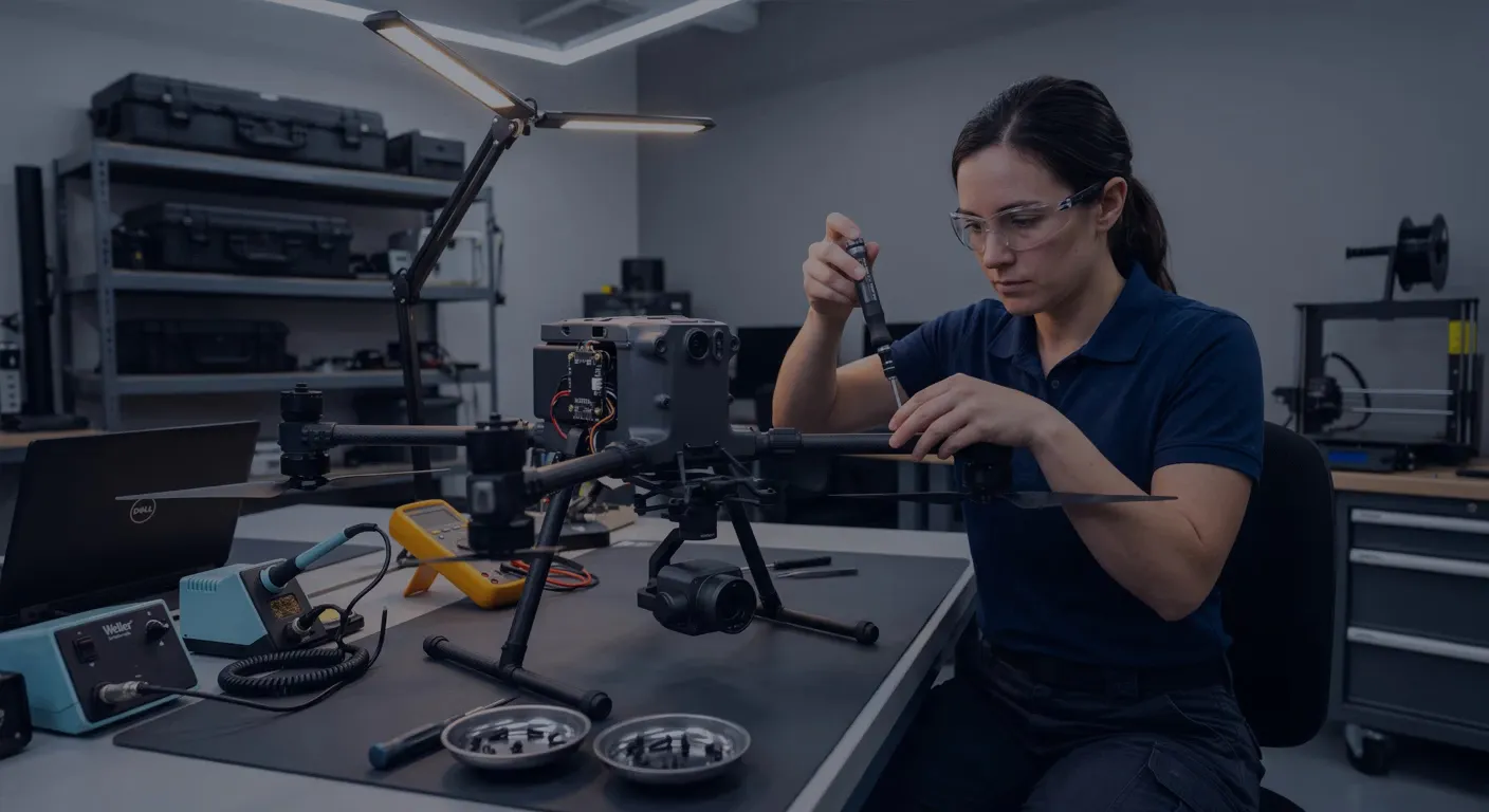 UAS technician integrating a gimbal-mounted camera payload on a quadcopter at a workbench.