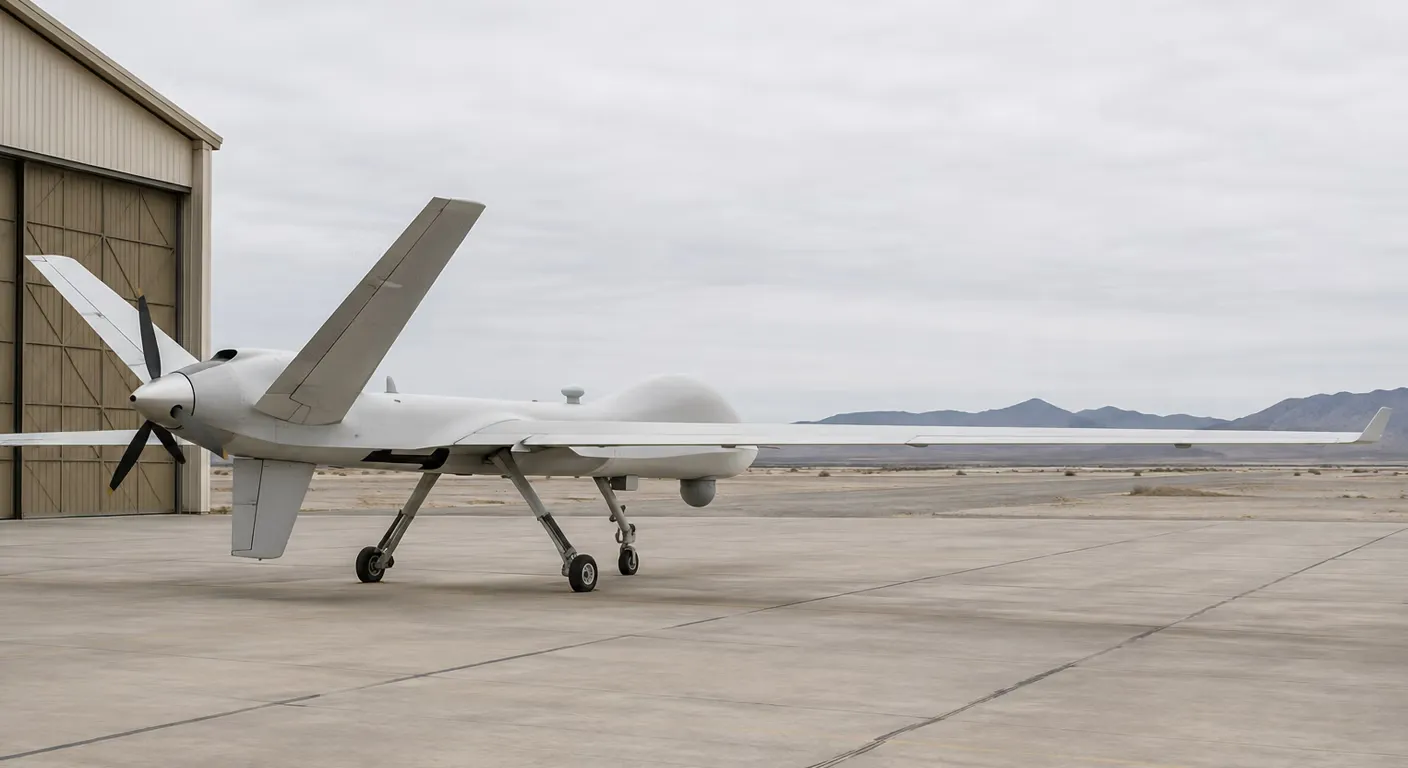 Large unmanned aircraft system (UAS) on a desert airfield ramp, representative of the MALE-class platforms ClancyJG supports across aviation and engineering task orders.